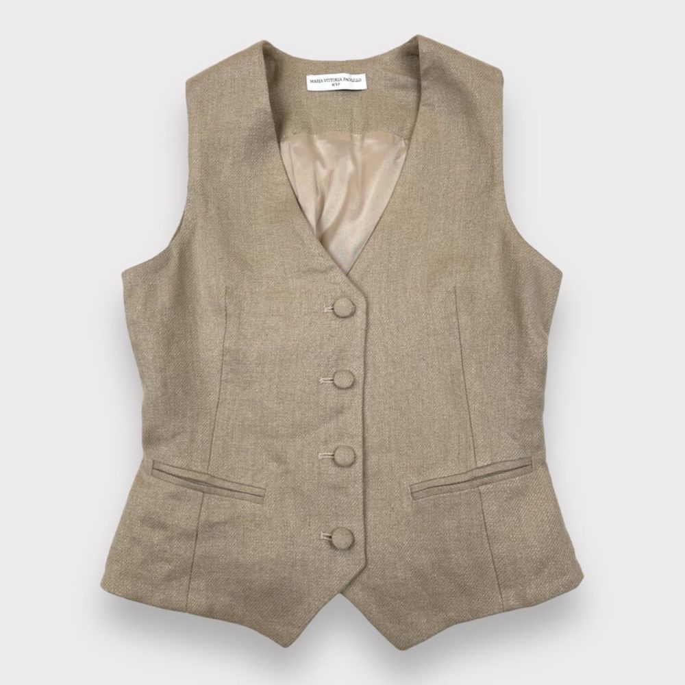 Women's Tan Wool-Blend Vest with Covered Buttons